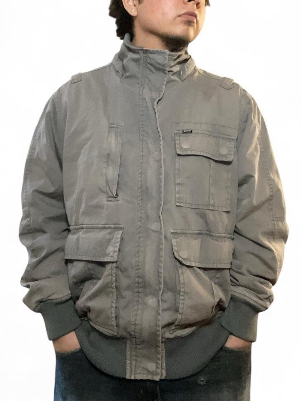 Hurley Men's Vintage Y2K Multi-Pocket Cargo Military Bomber‎ Jacket Camo Lined